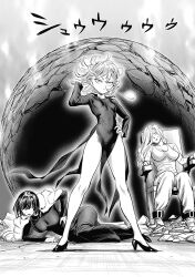 Rule 34 | 3girls, bare legs, breasts, chair, curly hair, curvy, dress, fubuki (one-punch man), greyscale, hand on own hip, high heels, highres, hip vent, large breasts, long sleeves, medium hair, monochrome, multiple girls, murata yuusuke, no panties, official art, one-punch man, rock, shirt, siblings, sisters, sitting, skin tight, small breasts, tatsumaki, thighs