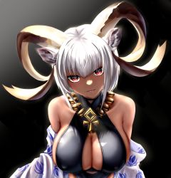 Rule 34 | 1girl, :p, absurdres, animal ear fluff, animal ears, arknights, bare shoulders, black background, black one-piece swimsuit, blush, breasts, carnelian (arknights), carnelian (shimmering dew) (arknights), casual one-piece swimsuit, cleavage, cleavage cutout, clothing cutout, collarbone, covered erect nipples, dark-skinned female, dark skin, eyebrows hidden by hair, goat ears, goat girl, goat horns, grey hair, highres, horns, jewelry, large breasts, looking at viewer, min (min wang), navel, navel cutout, necklace, official alternate costume, one-piece swimsuit, red eyes, short hair, simple background, smile, solo, swimsuit, tongue, tongue out, upper body