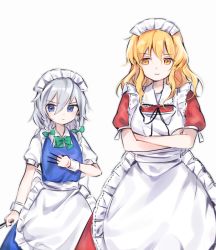 Rule 34 | 2girls, aged down, apron, back bow, between fingers, black ribbon, blonde hair, blue dress, blue eyes, bow, braid, breasts, crossed arms, dress, frilled apron, frills, green bow, green neckwear, highres, holding, izayoi sakuya, knife, large breasts, maid, maid apron, maid headdress, medium hair, multiple girls, puffy short sleeves, puffy sleeves, red dress, ribbon, shirt, short hair, short sleeves, silver hair, simple background, small breasts, soooooook2, touhou, touhou (pc-98), twin braids, waist apron, white background, white shirt, yellow eyes, yumeko (touhou)