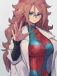 Rule 34 | 1girl, android 21, blue eyes, breasts, checkered clothes, checkered dress, closed mouth, dragon ball, dragon ball fighterz, dress, earrings, gradient background, grey background, hair between eyes, hand up, hoop earrings, jewelry, kemachiku, lab coat, large breasts, long hair, looking at viewer, red hair, smile, solo