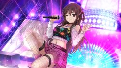 Rule 34 | 1girl, 22/7, 22/7 ongaku no jikan, \||/, braid, braided hair rings, brown eyes, brown hair, choker, closed mouth, collarbone, concert, dutch angle, fishnet thighhighs, fishnets, game cg, hair between eyes, hair ribbon, hands up, highres, holding, holding microphone, idol, jewelry, lens flare, light particles, long hair, long sleeves, looking at viewer, microphone, navel, non-web source, official art, on one knee, one eye closed, pendant, pink footwear, pink skirt, plaid, plaid skirt, pleated skirt, ribbon, screen zoom, sidelocks, skirt, smile, solo, sparkle, stage lights, tachikawa ayaka, thighhighs, twin braids