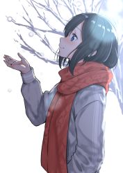 Rule 34 | 1girl, bare tree, black hair, blouse, blue eyes, blush, brown scarf, closed mouth, commentary request, enpera, from side, grey shirt, hair between eyes, hand up, head tilt, highres, original, profile, scarf, shirt, simple background, smile, snowing, solo, suzunari shizuku, tree, upper body, white background, yuki arare