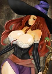 Rule 34 | 1girl, breasts, brown eyes, cleavage, detached sleeves, dragon&#039;s crown, hair between breasts, hat, huge breasts, long hair, looking at viewer, one eye closed, red hair, sash, smile, solo, sorceress (dragon&#039;s crown), staff, suu (engawazzz), wide hips, witch hat