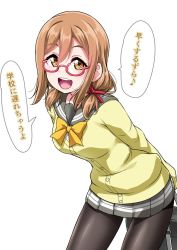 Rule 34 | 1girl, :d, arms behind back, bag, black pantyhose, blush, bow, bowtie, brown hair, cardigan, commentary request, glasses, grey sailor collar, grey skirt, hair ribbon, holding, holding bag, kunikida hanamaru, leaning forward, long hair, long sleeves, looking at viewer, love live!, love live! sunshine!!, low twintails, miniskirt, open mouth, pantyhose, pleated skirt, red-framed eyewear, red ribbon, ribbon, sailor collar, school bag, school uniform, semi-rimless eyewear, serafuku, simple background, skirt, sleeves past wrists, smile, solo, translation request, twintails, under-rim eyewear, uranohoshi school uniform, white background, yellow bow, yellow bowtie, yellow cardigan, yellow eyes, yopparai oni