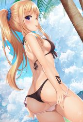 Rule 34 | 1girl, ;p, ass, bikini, black bikini, blonde hair, blue scrunchie, blue sky, blush, breasts, butt crack, character request, cloud, copyright request, dutch angle, from side, halterneck, highres, leaning forward, looking at viewer, minato ojitan, one eye closed, palm tree, ponytail, purple eyes, scrunchie, side-tie bikini bottom, sideboob, sky, solo, string bikini, swimsuit, tongue, tongue out, tree