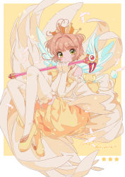 Rule 34 | 1boy, 1girl, absurdres, antenna hair, bloomers, blush, border, brown hair, cardcaptor sakura, commentary request, crown, dress, elbow gloves, feathers, full body, fuuin no tsue, gloves, hands up, highres, holding, holding wand, huge filesize, kero (cardcaptor sakura), kinomoto sakura, kisumi rei, magical girl, parted lips, short hair, signature, simple background, sleeveless, sleeveless dress, star (symbol), thighhighs, twitter username, underwear, wand, white feathers, yellow background, yellow dress, yellow eyes, yellow footwear, yellow fur, yellow gloves, yellow theme, yellow thighhighs