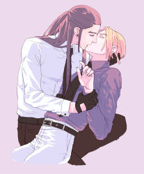 Rule 34 | 2boys, belt, bindi, black gloves, black necktie, black pants, blonde hair, buckle, closed eyes, collar, earrings, eyebrows, final fantasy, final fantasy vii, final fantasy vii remake, french kiss, gloves, hand on another&#039;s arm, hand on another&#039;s head, jewelry, kiss, long hair, male focus, multiple boys, necktie, pants, purple shirt, rufus shinra, shirt, short hair, simple background, square enix, tseng, turks (ff7), white pants, white shirt, wing collar, yaoi, yon ff7