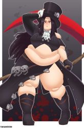 Rule 34 | 1boy, absurdres, alternate body size, androgynous, bare shoulders, black hair, boots, choker, eyeshadow, fat, fat man, fingerless gloves, gloves, guilty gear, guilty gear strive, hat, highres, long hair, makeup, midriff, red eyes, ribbon, scythe, skull, solo, standing, takamoom, testament (guilty gear), thick thighs, thighs, top hat, weapon