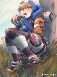 Rule 34 | 1girl, animification, apex legends, blue bodysuit, blue eyes, blue headwear, bodysuit, breasts, cup, facial scar, highres, holding, holding cup, hood, hooded bodysuit, hooded jacket, jacket, knee pads, lichtenberg figure, lightning bolt symbol, medium breasts, nyanbo, open mouth, ribbed bodysuit, scar, scar on cheek, scar on face, sitting, sketch, solo, wattson (apex legends), white bodysuit, white footwear