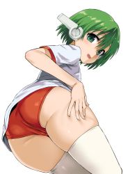 Rule 34 | 1girl, asanagi, ass, blouse, buruma, cowboy shot, detached collar, dutch angle, from below, from side, green eyes, green hair, gym uniform, hair between eyes, hand on own thigh, legs together, looking back, multi (to heart), shirt, short hair, simple background, skindentation, smile, solo, standing, thighhighs, thighs, to heart, to heart (series), white background, white shirt, white thighhighs