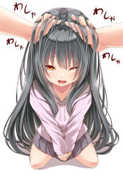 Rule 34 | 1girl, blush, creek (moon-sky), fang, green eyes, grey hair, hand on another&#039;s head, hands in hair, hands on another&#039;s head, headpat, highres, hood, hoodie, kneeling, long hair, looking at viewer, one eye closed, open mouth, original, pleated skirt, pov, pov hands, simple background, skirt, solo focus, sweater, very long hair, white background, yellow eyes, youjo (creek (moon-sky))