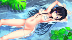 Rule 34 | 1girl, armpits, arms up, bare arms, bikini, black hair, breasts, cleavage, collarbone, commentary request, crossed wrists, feet out of frame, from above, gluteal fold, highres, kurokami (kurokaminohito), kurono mika, long hair, looking at viewer, lying, medium breasts, nail polish, navel, on back, original, parted lips, purple eyes, shallow water, side-tie bikini bottom, simple background, smile, solo, stomach, swimsuit, underboob, untied bikini, water, white background
