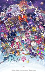 Rule 34 | absurdres, adeleine, anniversary, apple, bandana, bandana waddle dee, beret, bird, black hair, blonde hair, blue bandana, blue eyes, blue hair, blush stickers, bow, character request, commentary request, coo (kirby), copyright request, danepoyo 111, dark meta knight, daroach, english text, flamberge (kirby), food, francisca (kirby), fruit, gooey (kirby), hat, highres, holding, holding food, holding polearm, holding sword, holding weapon, kine (kirby), king dedede, kirby, kirby&#039;s dream land 3, kirby: planet robobot, kirby: star allies, kirby (series), kirby 64, kirby and the amazing mirror, kirby squeak squad, magolor, marx (kirby), meta knight, multiple boys, multiple girls, nintendo, open mouth, pink hair, polearm, red bow, red hair, ribbon (kirby), rick (kirby), sandwich, smile, spear, susie (kirby), sword, taranza, top hat, weapon, wings, zan partizanne