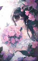 Rule 34 | 1girl, bare shoulders, black hair, blush, bouquet, bug, butterfly, choker, collarbone, dress, earrings, flower, hands up, highres, holding, holding bouquet, holding flower, insect, jewelry, long hair, looking at viewer, off-shoulder dress, off shoulder, original, parted lips, pink flower, plant, purple eyes, short sleeves, solo, ttosom, white dress