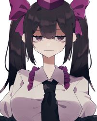 Rule 34 | 1girl, :|, bad id, bad twitter id, black necktie, bow, brown eyes, brown hair, closed mouth, collared shirt, commentary, eyebrows hidden by hair, frilled shirt collar, frills, hair between eyes, hair bow, hat, highres, himekaidou hatate, inactive account, jitome, long hair, looking at viewer, necktie, negi si, purple bow, purple hat, shirt, simple background, solo, tokin hat, touhou, twintails, upper body, white background, white shirt
