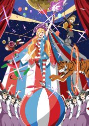 Rule 34 | 6+girls, akahirap, american flag dress, american flag legwear, arm up, ball, balloon, black dress, black shirt, blonde hair, chain, chinese clothes, circus, clownpiece, commentary request, dress, earth (ornament), fairy, fairy wings, fire, hat, hecatia lapislazuli, highres, jester cap, junko (touhou), long hair, looking at viewer, miniskirt, moon (ornament), multicolored clothes, multicolored skirt, multiple girls, neck ruff, pantyhose, polka dot, red eyes, red hair, shirt, short dress, short hair, skirt, star (symbol), star print, striped, t-shirt, tiger, torch, touhou, very long hair, wings