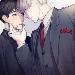 Rule 34 | 10s, 2boys, amg (nwmnmllf), black hair, blue eyes, blush, brown eyes, eye contact, formal, hand on another&#039;s chin, katsuki yuuri, looking at another, male focus, multiple boys, necktie, silver hair, smile, suit, viktor nikiforov, yaoi, yuri!!! on ice