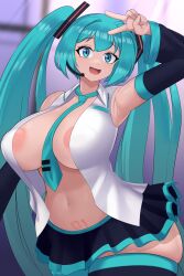 Rule 34 | 1girl, :d, alternate breast size, aqua eyes, aqua hair, areola slip, arm up, armpits, breasts, curvy, detached sleeves, hatsune miku, headset, highres, kt80at, large breasts, long hair, microskirt, navel, necktie, number tattoo, open clothes, open mouth, open shirt, pubic tattoo, skirt, smile, solo, tattoo, thick thighs, thighhighs, thighs, twintails, v, v over head, very long hair, vocaloid, zettai ryouiki