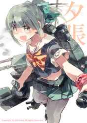 Rule 34 | &gt;:d, 10s, 1girl, :d, brown eyes, green hair, kantai collection, looking at viewer, machinery, open mouth, pantyhose, pleated skirt, ponytail, school uniform, serafuku, skirt, smile, solo, translation request, v-shaped eyebrows, yamamoto akie, yuubari (kancolle)
