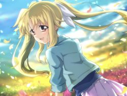 Rule 34 | 1girl, backlighting, blonde hair, blue shirt, blue sky, blurry, blurry background, cloud, cloudy sky, commentary, day, depth of field, dutch angle, fate testarossa, field, flower, flower field, from behind, hair ribbon, jacket, kashima fumi, long sleeves, looking at viewer, looking back, lyrical nanoha, mahou shoujo lyrical nanoha, miniskirt, open mouth, outdoors, petals, pink skirt, pleated skirt, red eyes, ribbon, shirt, skirt, sky, smile, solo, standing, twintails, white jacket, white ribbon, wind