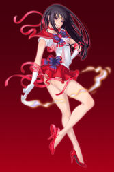 Rule 34 | 10s, 1girl, ass, bad id, bad pixiv id, bishoujo senshi sailor moon, bishoujo senshi sailor moon crystal, black hair, bow, choker, earrings, eclosion, elbow gloves, expressionless, fire, full body, gloves, hand on own hip, henshin, high heels, highres, hino rei, jewelry, leotard, long hair, magical girl, miniskirt, ofuda, pleated skirt, purple eyes, red background, red skirt, ribbon, sailor collar, sailor mars, skirt, solo, tiara, transformation, white gloves