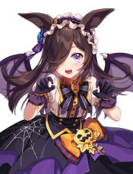 Rule 34 | 1girl, animal ears, black bow, black bowtie, bow, bowtie, brown hair, claw pose, fangs, gloves, hair over one eye, halloween, highres, horse ears, horse girl, long hair, looking at viewer, official alternate costume, puffy short sleeves, puffy sleeves, purple eyes, purple gloves, rice shower (make up vampire!) (umamusume), rice shower (umamusume), salt (salty), shirt, short sleeves, solo, umamusume, white shirt