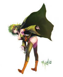 Rule 34 | 1990s (style), 1girl, ass, bent over, boots, breasts, bridal gauntlets, cape, detached sleeves, final fantasy, final fantasy iv, green eyes, green hair, hair ornament, kara (color), leotard, matching hair/eyes, retro artstyle, rydia (ff4), simple background, solo, thighhighs