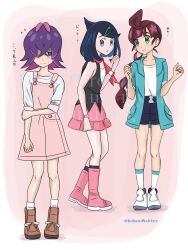 3girls ahoge beanie black_hair black_shorts blue_eyes blue_hair blush boots braid braided_ponytail chloe_(pokemon) chloe_(pokemon)_(cosplay) closed_mouth cosplay costume_switch cowlick creatures_(company) dawn_(pokemon) dawn_(pokemon)_(cosplay) dot_(pokemon) dress eyelashes flower game_freak green_eyes hair_flower hair_ornament hair_over_eyes hairclip hat highres jacket koharuwatcher liko_(pokemon) liko_(pokemon)_(cosplay) long_hair long_sleeves multicolored_hair multiple_girls nintendo open_clothes open_mouth pink_hair pokemon pokemon_(anime) pokemon_horizons pokemon_journeys purple_eyes purple_hair red_scarf scarf shirt short_hair short_sleeves shorts skirt sleeveless white_footwear white_shirt