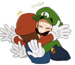 Rule 34 | 2boys, blue eyes, blue overalls, brown hair, facial hair, gloves, green shirt, hat, highres, luigi, male focus, mario, mario (series), mimimi (mimimim9999), multiple boys, mustache, nintendo, overalls, red hat, shirt, short hair, white gloves