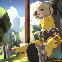 Rule 34 | 1girl, abandoned, blonde hair, bodysuit, boots, breasts, brown jacket, day, goddess of victory: nikke, hammer, hard hat, helmet, highres, hood, hoodie, jacket, liter (nikke), mouth hold, off-shoulder jacket, off shoulder, outdoors, post-apocalypse, ruins, short hair, short twintails, sitting, small breasts, solo, sonaworld, twintails, white hoodie, yellow bodysuit, yellow eyes
