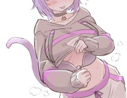 Rule 34 | 1girl, black collar, black hoodie, blush, bra, breasts, cat girl, cat tail, clothes lift, collar, head out of frame, heart, hololive, hood, hoodie, hoodie lift, large breasts, nekomata okayu, nekomata okayu (1st costume), onigiri print, purple hair, removing bra, smile, solo, steaming body, tail, tkc (user snjd8547), tongue, tongue out, underwear, virtual youtuber, white background
