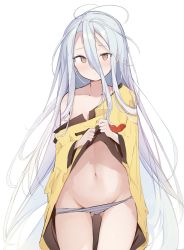 Rule 34 | 1girl, blush, brown eyes, clothes lift, commentary request, cowboy shot, dress, dress lift, gluteal fold, grey panties, groin, hair between eyes, highres, lifted by self, long hair, long sleeves, looking at viewer, messy hair, navel, no game no life, off shoulder, panties, shin no tenpii, shiro (no game no life), silver hair, simple background, single bare shoulder, solo, standing, stomach, underwear, very long hair, white background, yellow dress