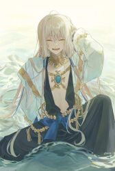 Rule 34 | 1boy, absurdres, blonde hair, blunt bangs, closed eyes, fate/grand order, fate (series), gold trim, highres, jewelry, long hair, long sleeves, looking at viewer, low-tied sidelocks, male focus, multicolored hair, noah (fate), open clothes, open robe, robe, sherry 0014, shirt, smile, solo, very long hair, white robe