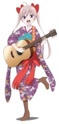 Rule 34 | 1boy, 1girl, :d, boots, guitar, instrument, japanese clothes, kimono, looking at viewer, open clothes, open mouth, pink hair, purple eyes, shiratori kotori, short hair, simple background, smile, taishou otome otogibanashi, transparent background, very short hair