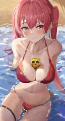 Rule 34 | 1girl, absurdres, arrow through heart, beach, between breasts, bikini, black ribbon, blush, breasts, cleavage, collarbone, cup, fang, hair between eyes, hair ribbon, halterneck, heterochromia, highres, hololive, houshou marine, houshou marine (summer), large breasts, long hair, looking at viewer, mug, navel, o-ring, o-ring thigh strap, partially submerged, red bikini, red hair, ribbon, sitting, skin fang, smile, solo, swimsuit, thigh strap, twintails, virtual youtuber, water, wet, yamamoto (ymmt is sexy), yellow eyes
