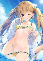 Rule 34 | 1girl, absurdres, areola slip, bare shoulders, bikini, bikini pull, blue eyes, blue sky, blush, braid, breasts, brown hair, clothes pull, cloud, collarbone, day, groin, hair ornament, highres, jacket, long hair, long sleeves, looking at viewer, melon print, melonbooks, navel, off shoulder, one eye closed, outdoors, parted lips, print bikini, scan, side-tie bikini bottom, sky, small breasts, smile, solo, stomach, suimya, sun, sunlight, swimsuit, twintails, very long hair, wading, water, white jacket, yellow bikini
