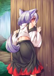 Rule 34 | 1girl, against glass, against wall, animal ears, bare shoulders, blush, detached sleeves, fun bo, inubashiri momiji, long sleeves, looking at viewer, looking back, red eyes, shirt, skirt, solo, tail, touhou, wavy mouth, wide sleeves, wolf ears, wolf tail