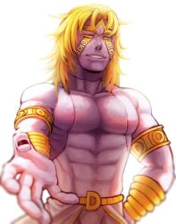Rule 34 | 1boy, abs, armband, black nails, blonde hair, blurry, colored skin, dio brando, facial mark, foreshortening, heaven ascended dio, heavenly dio, highres, jojo no kimyou na bouken, jojo no kimyou na bouken: eyes of heaven, lizzyoli-ravioli, long hair, male focus, muscular, nail polish, purple skin, topless male, signature, solo, turtleneck, upper body, wrist cuffs, yellow eyes