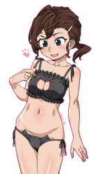 Rule 34 | 1girl, :3, bell, black bra, black panties, blue eyes, blush, bra, breasts, brown hair, cat cutout, cat ear panties, cat lingerie, choker, cleavage, cleavage cutout, clothing cutout, collarbone, cowboy shot, dated, frilled bra, frills, gegege no kitarou, hair ornament, hairclip, heart, highres, inuyama mana, katou koban, looking down, medium breasts, meme attire, neck bell, nose blush, open mouth, panties, short hair, short ponytail, side-tie panties, smile, solo, stomach, underwear, underwear only, white background