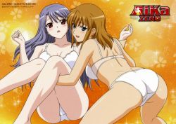 Rule 34 | 00s, 1990s (style), 2girls, :d, :o, aika (series), aika zero, ass, back, bare legs, bare shoulders, bent over, blue eyes, blush, bra, breasts, cleavage, female focus, floral background, gradient background, grey hair, happy, holding another&#039;s wrist, knees together feet apart, leg grab, legs, legs up, light brown hair, lingerie, long hair, looking at viewer, looking back, midriff, multiple girls, naughty face, official art, open mouth, orange background, panties, pantyshot, red eyes, retro artstyle, shiratori miyu, short hair, shy, smile, sparkle, sumeragi aika, underwear, yamauchi noriyasu, yuri