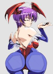 Rule 34 | 1girl, :3, absurdres, against glass, ass, blush, breasts, cameltoe, capcom, covered erect nipples, demon girl, demon wings, head wings, highres, huge ass, leotard, lilith aensland, mfnineteen, nail polish, one eye closed, pantyhose, purple hair, red eyes, red leotard, shiny skin, short hair, small breasts, vampire (game), wings, wink