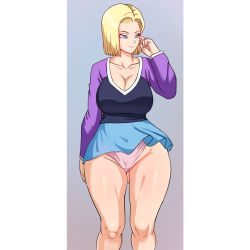 Rule 34 | 1girl, android 18, blonde hair, blue eyes, breasts, cleavage, dragon ball, dragonball z, female focus, large breasts, panties, pinkpawg, short hair, solo, standing, underwear, wide hips
