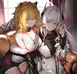 Rule 34 | 2girls, animal ears, arknights, black collar, black jacket, blonde hair, breasts, character name, chinese commentary, closed mouth, collar, commentary request, couch, cowboy shot, curtains, day, dress, fur-trimmed jacket, fur trim, grey eyes, hair between eyes, hand up, highres, horns, indoors, jacket, jewelry, kato (kato), large breasts, light particles, lion ears, lion girl, long hair, long sleeves, looking at viewer, multicolored hair, multiple girls, multiple rings, off shoulder, on couch, open clothes, open jacket, red hair, red shorts, ring, shirt, short shorts, shorts, siege (arknights), silver hair, sitting, sleeveless, sleeveless shirt, smile, streaked hair, theresa (arknights), watermark, white dress, white shirt, window