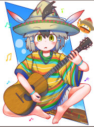 Rule 34 | 1girl, :o, alternate costume, artist name, bad id, bad pixiv id, barefoot, black hair, commentary, eyebrows visible through hat, full body, greater roadrunner (kemono friends), green eyes, grey hair, guitar, hair between eyes, hair through headwear, hat, hat feather, highres, instrument, kemono friends, kemono friends 2, looking at viewer, lucky beast (kemono friends), multicolored hair, music, musical note, playing instrument, poncho, rakugakiraid, short hair, shorts, simple background, sitting, solo, sombrero, two-tone swimsuit, white background, wristband