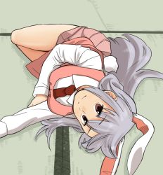 1girl animal_ears bad_id bad_pixiv_id female_focus koyama_shigeru long_hair looking_up lying necktie on_floor on_side purple_hair rabbit_ears rabbit_girl rabbit_tail red_eyes reisen_udongein_inaba smile solo tail tatami touhou upside-down