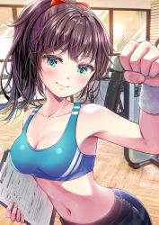 Rule 34 | 1girl, akasaka asa, arm up, armpits, bare shoulders, black shorts, bow, breasts, brown hair, cleavage, clenched hand, closed mouth, collarbone, commentary request, exercise machine, green eyes, gym, hair bow, highres, holding, indoors, long hair, looking at viewer, medium breasts, midriff, navel, original, paper, ponytail, shorts, smile, solo, sports bra, stomach, sweatband, upper body, window, wooden floor