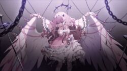 Rule 34 | 1girl, animated, animated gif, bound, chain, eve (eversoul), eversoul, feathers, game cg, grey eyes, horns, long hair, non-web source, official art, pink hair, tied up (nonsexual), torn clothes, white wings, wings