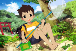 Rule 34 | 1boy, ant, backpack, bag, bandaid, bandaid on knee, bandaid on leg, barefoot, brown hair, bug, butterfly, cage, child, cicada, clover, day, full body, hand net, insect, ladybug, leaf, male focus, mauveboy, net, noeyebrow (mauve), open mouth, original, outdoors, praying mantis, solo, torii