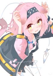 Rule 34 | 1girl, absurdres, animal ears, arknights, black hairband, blush, braid, cat ears, cat girl, cat tail, goldenglow (arknights), hair ornament, hairband, hairclip, highres, jacket, lightning bolt symbol, long hair, long sleeves, looking at viewer, open mouth, puffy long sleeves, puffy sleeves, rano u rabe, side braid, single braid, solo, tail, tears, thighhighs, white thighhighs, yellow eyes