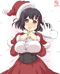 Rule 34 | 1girl, alternate costume, artist logo, bed, black hair, blush, brown eyes, capelet, commentary request, cowboy shot, dated, disembodied hand, dress, fur-trimmed capelet, fur-trimmed headwear, fur trim, haguro (kancolle), hair ornament, hat, highres, kanon (kurogane knights), kantai collection, looking at viewer, red capelet, red dress, red hat, santa costume, santa hat, short hair, solo, tears